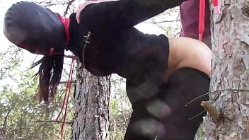 Preview 4 of Inde Xnxx Idekar - Tied up to a tree outdoor on sexy clothes,  wearing pantyhose and high ankle boots heels,  rough fuck