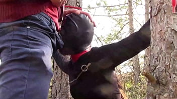 Preview 3 of Village Housewifepron Video - Tied to a tree on a sexy outfit,  masked and outdoor deepthroat with no mercy