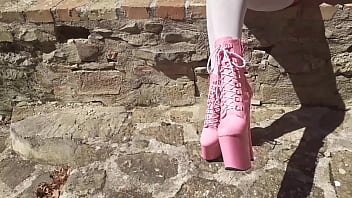 Preview 1 of Piss In Bus - Laura on Heels amateur 2021 outdoor pink outfit,  wearing 8 inches platform ankle boots
