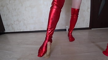 Preview 1 of Syxi Movies - Girl in red stockings masturbates with dildos Big hairy pussy and ass in thong close-up Homemade fetish