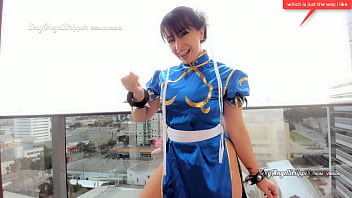 Preview 1 of Besch Voyeur - PUBLIC JOI jerk off instructions in the balcony,  hot Chun li cosplay big butt girl teasing and dirty talking with cumming countdown,  the best joi you ever watched!!!!