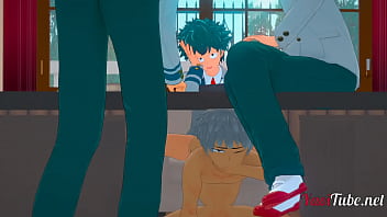 Preview 2 of Romi Rain Hotel - Boku No Hero Yaoi 3D - Deku fucks Bakugou under the table while talking to Todoroki and Kaminari - Bareback Anal Creampie