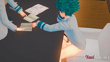 Preview 3 of Romi Rain Hotel - Boku No Hero Yaoi 3D - Deku fucks Bakugou under the table while talking to Todoroki and Kaminari - Bareback Anal Creampie