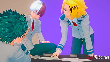 Preview 1 of Romi Rain Hotel - Boku No Hero Yaoi 3D - Deku fucks Bakugou under the table while talking to Todoroki and Kaminari - Bareback Anal Creampie