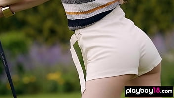 Preview 1 of Anorexic Busty - Busty redhead Heidi Romanova from Latvia stripping on the golf course