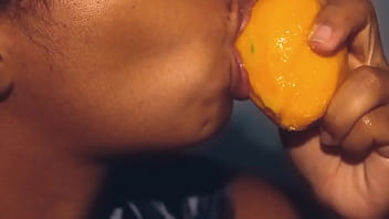Preview 1 of Ssbbw Pear Sunshine - Sexy mouth ebony playing with a mango