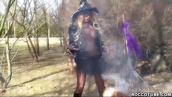 Preview 1 of Denise Hicks - Watch as super sexy Marilyn Crystal cosplays as a sexy witch that lured two soldiers in the future to be pounded in her two holes.