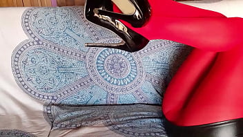 Preview 4 of Teen Busty Natural Anal - Laura on Heels amateur 2021 wearing red pantyhose and black platform high heels.