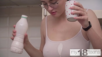 Preview 1 of Wwwd Xxxhd - MY18TEENS - Alexa Black douches herself with milk and then sits on a dildo on the floor
