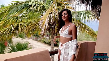 Preview 1 of Red Lips Indian Kissing - Costa Rican petite model Katherinne Sofia striptease outdoor