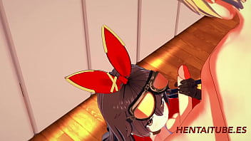 Preview 3 of Hend Jobs - Genshim Impact Hentai - Amber Handjob,  Blowjob,  Boobjob and fucked with cum in her mouth and pussy 1/2