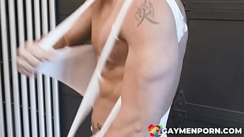 Preview 1 of Gay Kidnapped Strung Up Raped - Athletic stud Carter Woods gives Roman Todd an intense boxing workout training