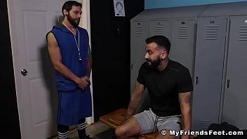 Preview 1 of Group Ladys Boy - Dominant guy makes his bearded buddy smell his yummy feet