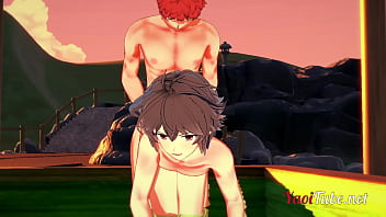 Preview 3 of G String See Thru - Fate Yaoi - Shirou &amp_ Sieg Having Sex in a Onsen. Blowjob and Bareback Anal with creampie and cums in his mouth 2/2