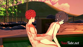 Preview 1 of G String See Thru - Fate Yaoi - Shirou &amp_ Sieg Having Sex in a Onsen. Blowjob and Bareback Anal with creampie and cums in his mouth 2/2