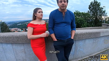 Preview 2 of Fat Old Men Wank - HUNT4K. Prague girl in beautiful red dress takes it off for cash with step dads permission