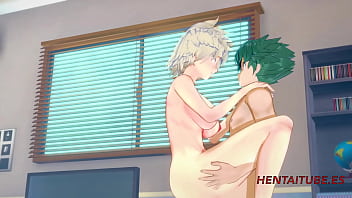 Preview 1 of Rheum Eyes - Boku No Hero Academia Hentai - Mitsuki Bakugou and Midoriya Izuku (Deku) Having Hard Sex. Boobjob,  Blowjob and Fuck her pussy 3/3