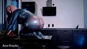 Preview 2 of Tranny Maroc - Latex Rubber Teasing Video,  Arya Grander in blue catsuit,  hot vid full hd quality