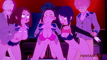 Preview 1 of Pron Actress Stage Show - Boku No Hero Hentai - Orgy Yaoyorozu  Momo,  Ochako Uraraka &amp_ Kyoka Jiro With Deku,  Todoroki &amp_ Bakugou with crempie 3D Cartoon Anime