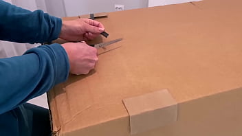 Preview 1 of Crazyforfeet Instagram - Hot Brunette with Big Ass in Sexy Panties Sucks Cock and Fucks Guy on New Sofa Right After Unpacking and Setting Up
