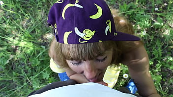 Preview 1 of Woman And Bul - This Young beauty loves to suck cock,  lick balls and swallow sperm. Blowjob in the park outdoors.
