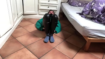 Preview 1 of Shemale Shitting In Toilet - Bondage in leather pants