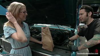 Preview 2 of Pregnant Bangs - Big cock mechanic fucks bound blonde