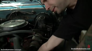 Preview 1 of Pregnant Bangs - Big cock mechanic fucks bound blonde