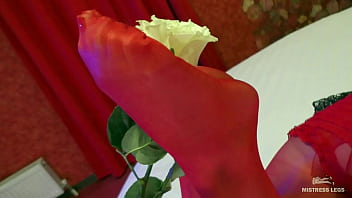 Preview 3 of Revenge Blindfold Threesome - Mistress Legs In Red Shiny Pantyhose Play With Rose