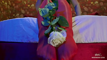 Preview 4 of Revenge Blindfold Threesome - Mistress Legs In Red Shiny Pantyhose Play With Rose