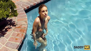 Preview 2 of Yong Duther Fuk With Dad - DADDY4K. Athletic man fucks sons cute gf outdoors by the pool
