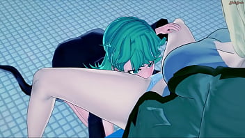 Preview 1 of Chennai Boob Press And Suck - Futa Tatsumaki fucks Tsunade in the girls locker room,  One Punch x Naruto Hentai.
