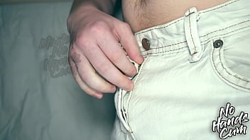 Preview 1 of Yuni Pineda Nun - Guy In White Jeans Stands And Jerks Off A Big Fat Cock,  He Ejaculates A Lot Of Cum