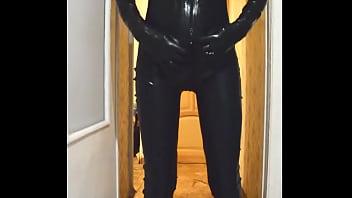 Preview 2 of Big Black Girl - guy in latex suit and gasmask