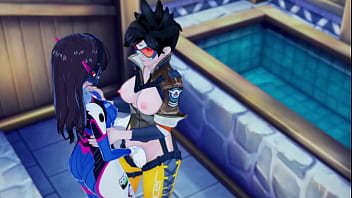 Preview 1 of Lapdance On Cock - Dva and Tracer takes turns eating pussy and tribbing. Overwatch Lesbian Hentai.