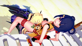 Preview 2 of Zeod 68 - Genshin Impact - Xiangling and Fischl Lesbian Sex [3D Hentai,  4K,  60FPS,  Uncensored]