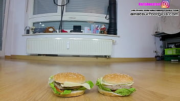 Preview 1 of First Time Fuking Pakistani - Here Kati crushes two hamburgers,  she walks slowly around the hamburgers is crushing a hamburger and fruit,  green apple,  bananas, grapes ,  with high heels,  ballerinas and barefoot
