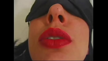 Preview 4 of Splihng Xxxx - Redhead Milf in latex dress spanks young brunette m blindfold on the ass