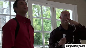 Preview 1 of Dog Lick Webcam - Paige Ashley takes on threesome 2 guys pound shaved pussy and facial