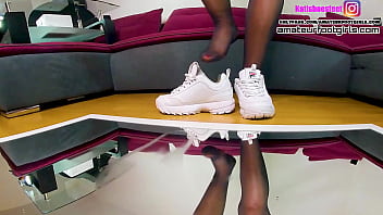 Preview 2 of Btw Anal - Girl me sweaty Feet on the mirror sweaty footprints on the insoles,  tramples on you really sweaty wet,  she wore her nylons for 5 days in these shoes and she shows you how stinky sweaty the nylons are