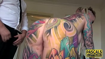 Preview 1 of Exam Coed - Inked submissive gets spanked and fucks