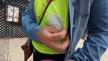 Preview 1 of Gay Clasico - Wife no bra side boobs with pierced nipples in public flashing