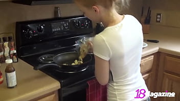 Preview 1 of Xnx Movice - Sweet Flat Chested Blondie Emi Clear Cooks Something For You Nude!