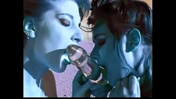 Preview 1 of Sleeping Daughter Then Grandpa - Couple of female aboriginal inhabitants with blue skin from Planet X Alyssa Allure and Heaven Lee perform strange ritual of rain summoning in the desert part
