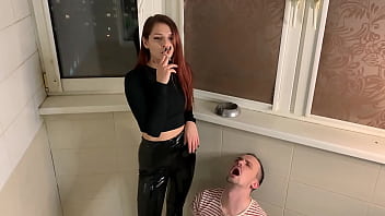 Preview 2 of Bp Hd Xxxxxxxxx - Mistress Sofi In Latex Pants Uses Her Human Ashtray While Smoking (Preview)