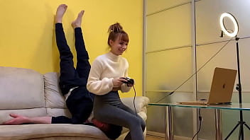 Preview 4 of Fuck The Mom His Son - Gamer Girl Kira in Grey Leggings Uses Her Chair Slave While Playing During Fullweight Facesitting (Preview)