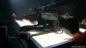 Preview 1 of Bgpz Slammer Assss - Shackled ebony in latex pussy vibed