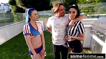 Preview 2 of Kenny Steel - Three Athletic Soccer Babes Riding Lucky Stud&#039_s Big Dick