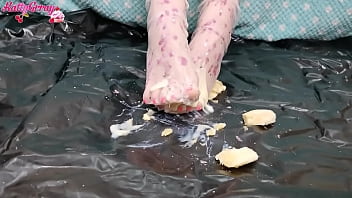 Preview 3 of Handsmother With Handjob - Girl Dripping Wax On Her Feet and Trample Banana - Foot Fetish