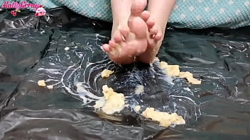 Preview 4 of Handsmother With Handjob - Girl Dripping Wax On Her Feet and Trample Banana - Foot Fetish